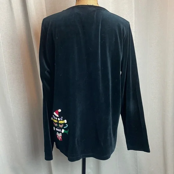 Michael Simon Lite Black Velour Christmas Tree Pullover Shirt Large Embroidered - Picture 2 of 7